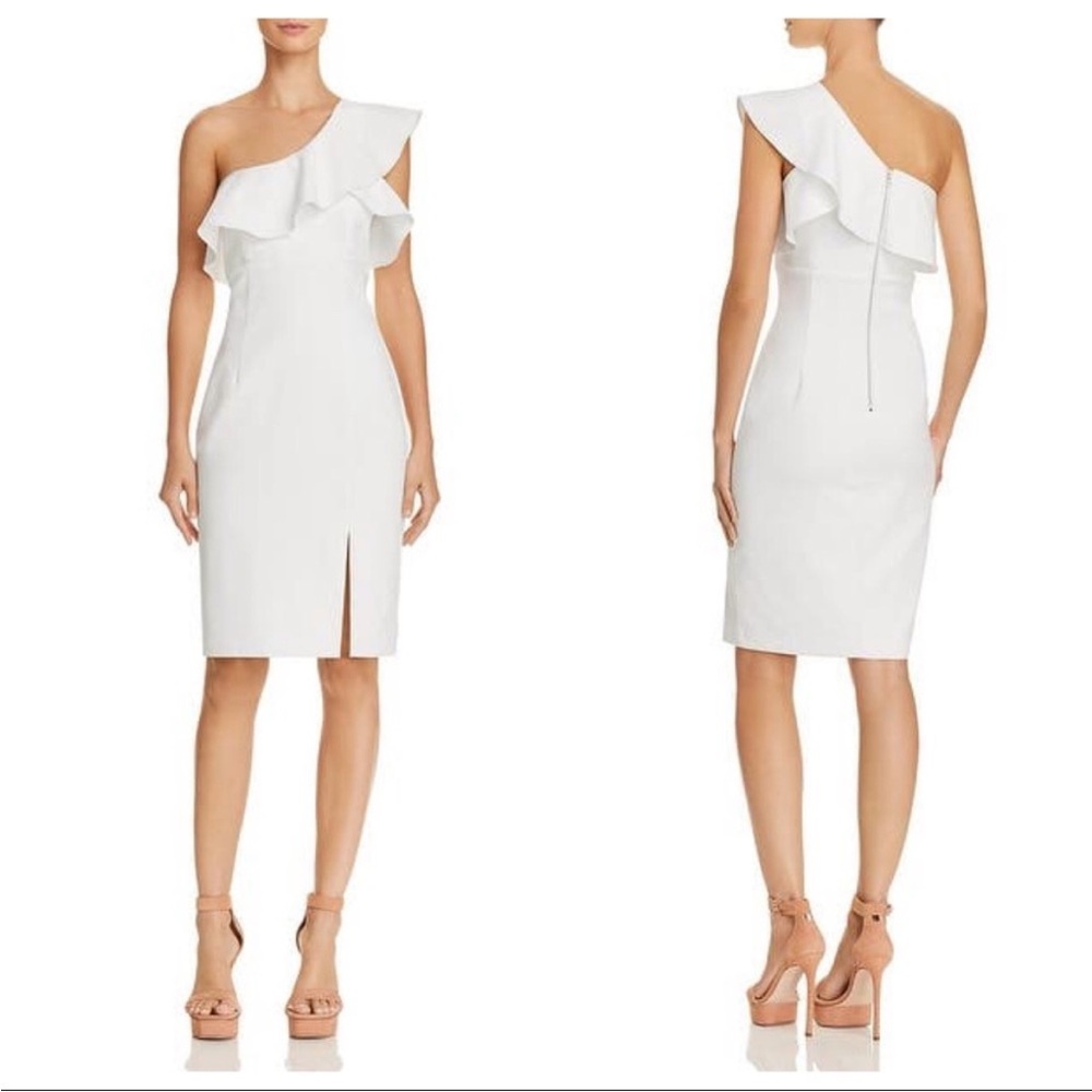 Bardot One Shoulder Ruffle Midi Dress Ivory Wedding Cocktail